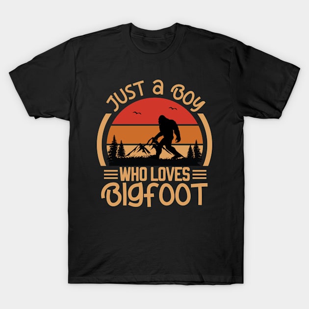 Just a Boy Who Loves Bigfoot Sasquatch Creature, Cryptid Sunset T-Shirt by ThatVibe